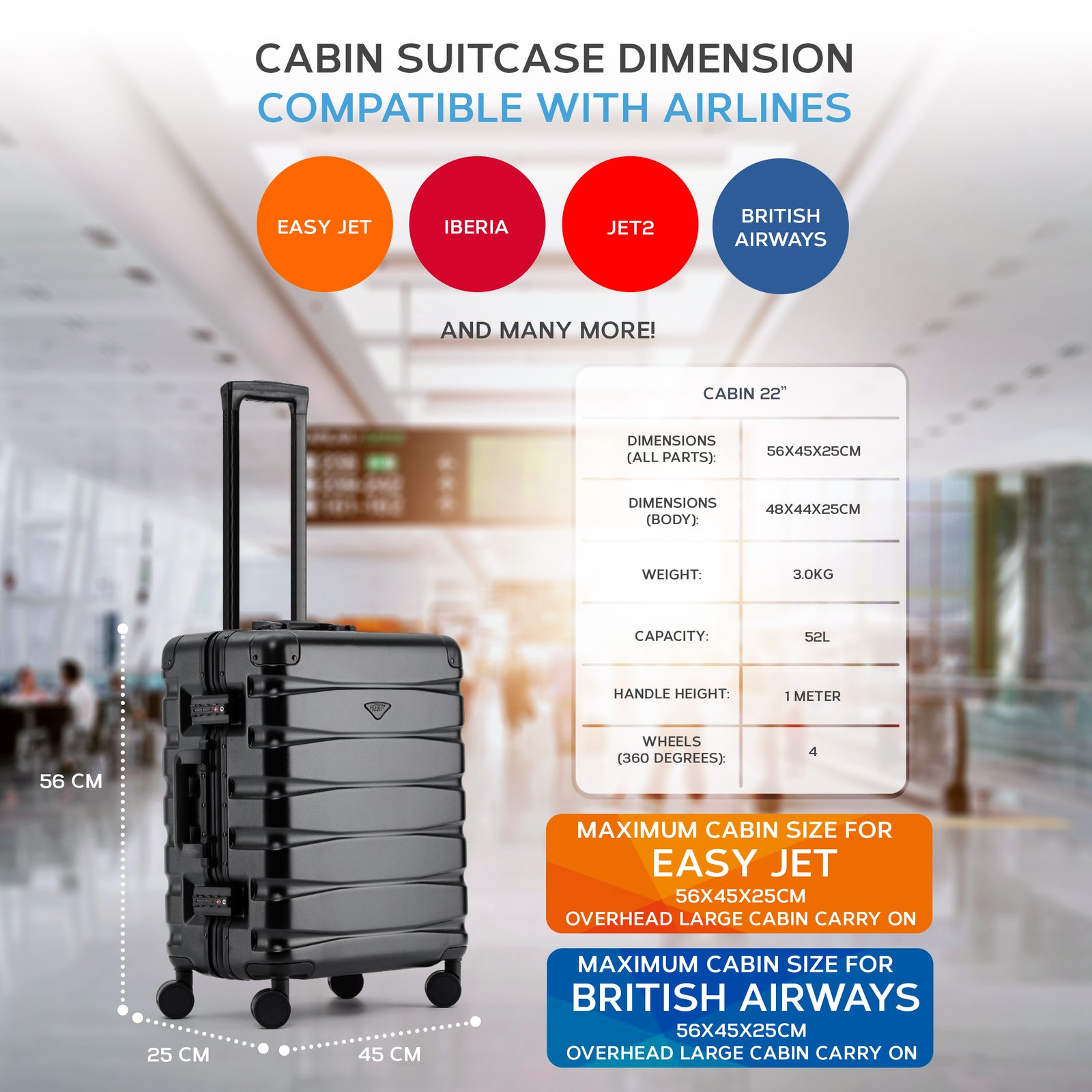 56x45x25cm Large Cabin Carry On Case - Overhead Luggage Suitcase - 4 Spinner Wheels - Aluminium Frame/abs Shell Outer | Cabin | Black
