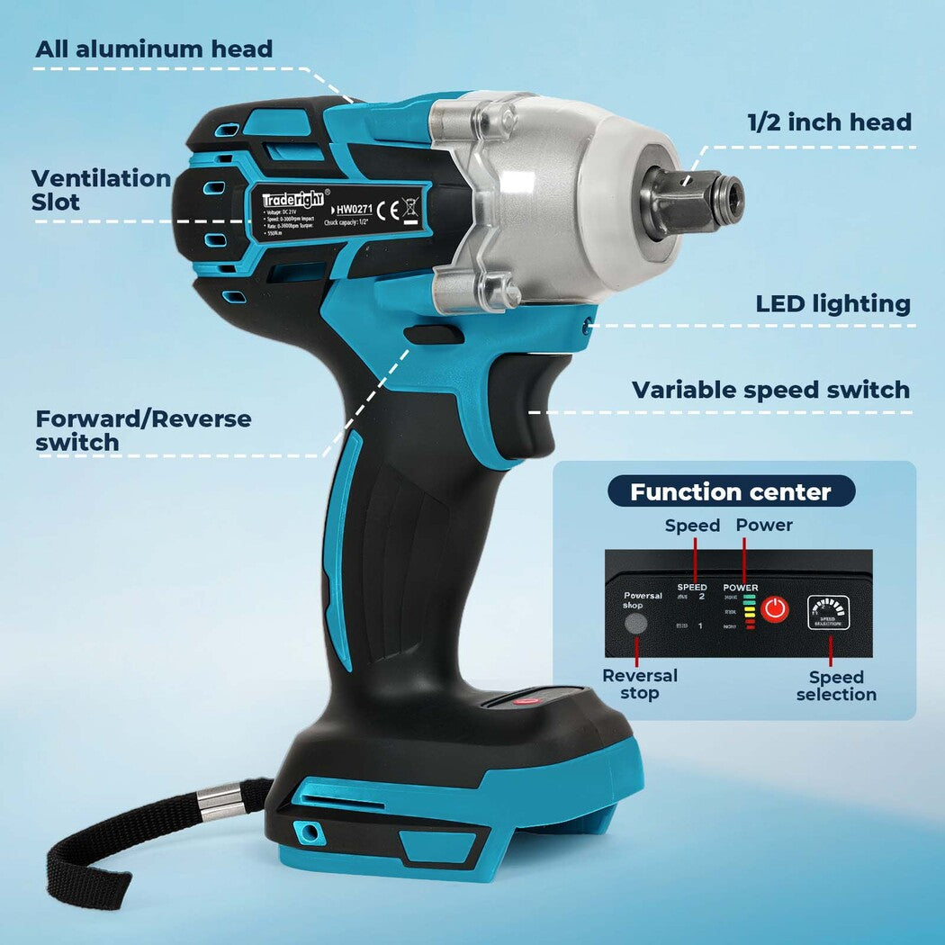 21v Brushless Impact Wrench Drill 1/2" Rattle Gun 4.0ah Battery Kit | Blue