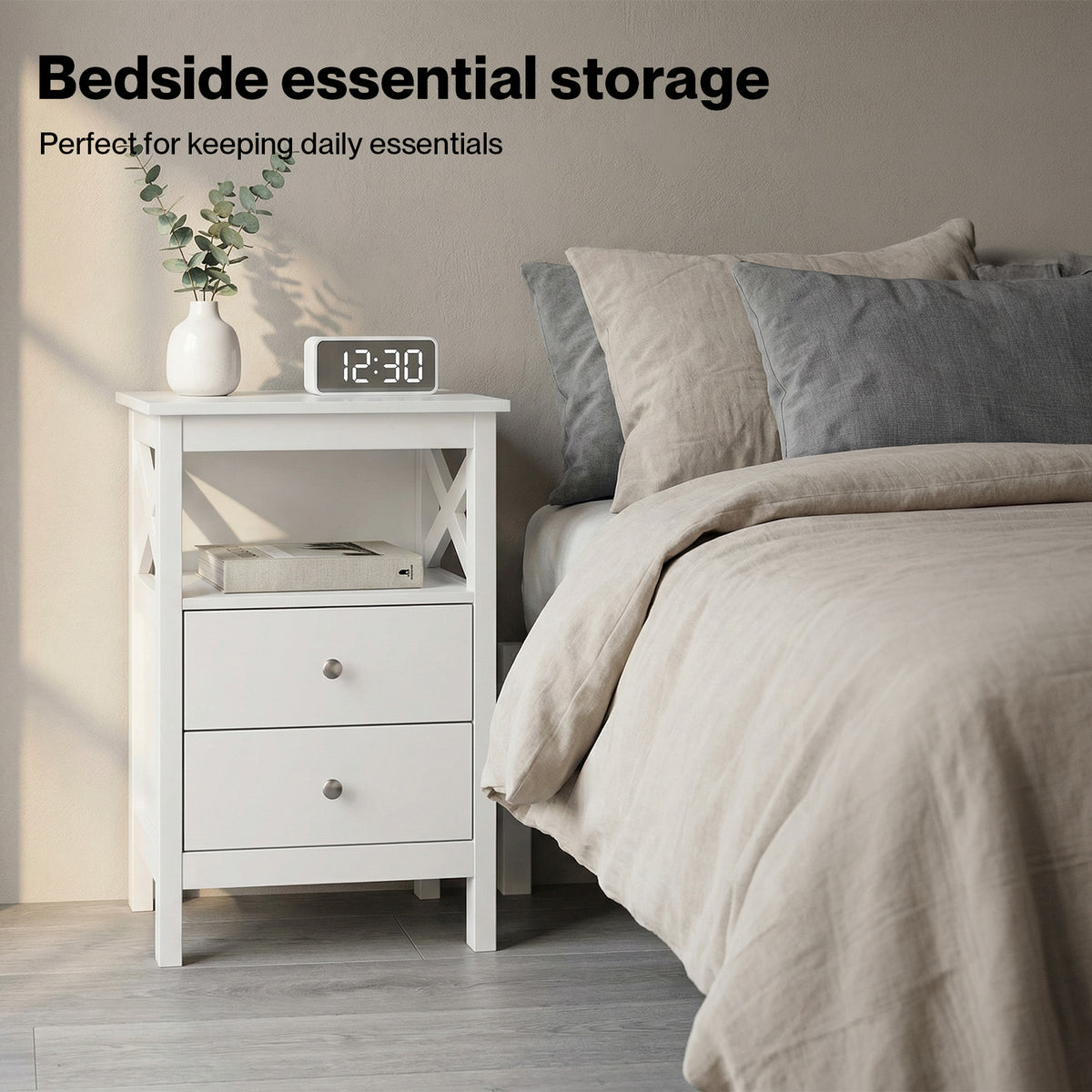 Bedside Table Wood Nightstand Cabinet 2 Storage Drawers Open Shelf | White