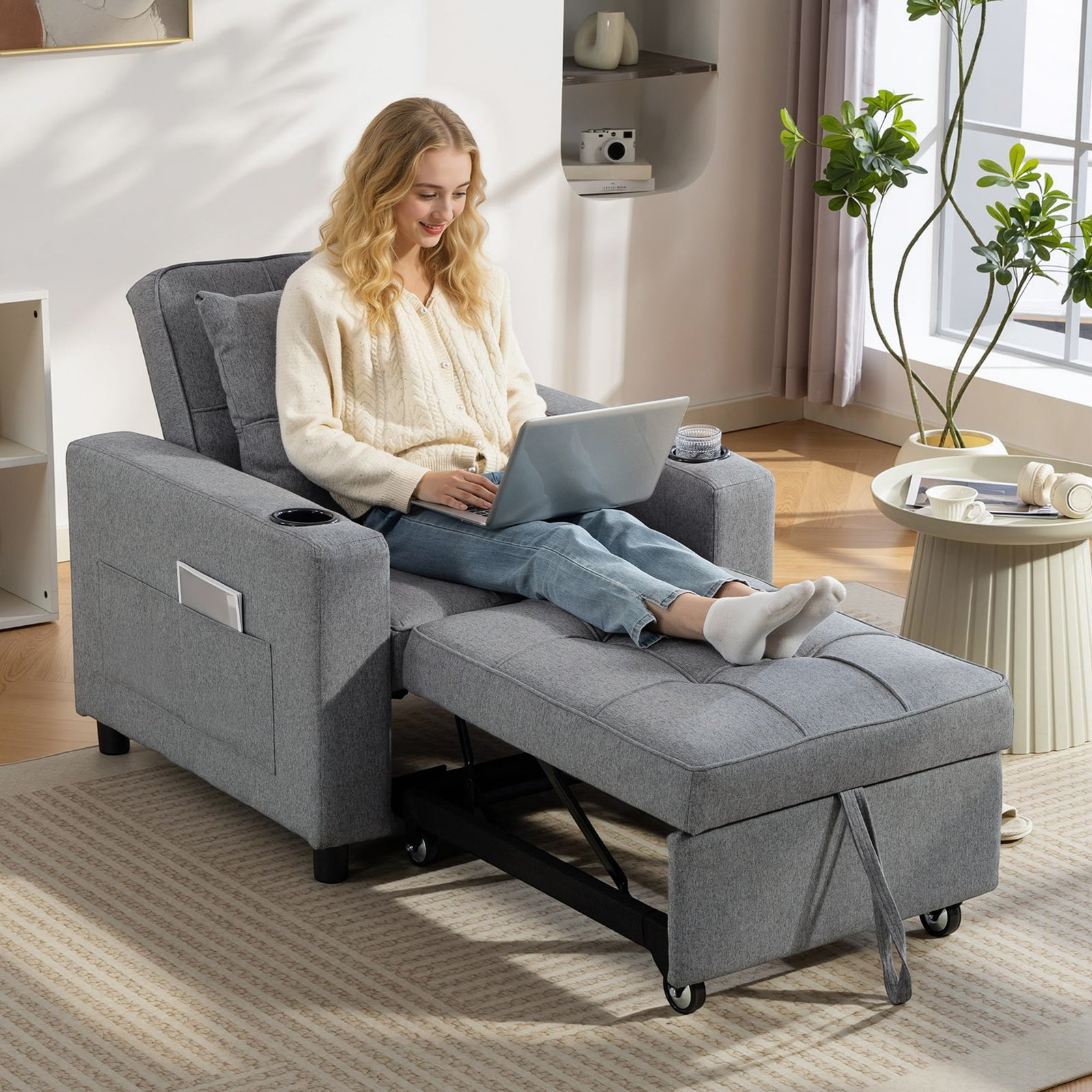 3-in-1 Sofa Bed, Convertible Sleeper Chair With Adjustable Backrest | Dark Grey
