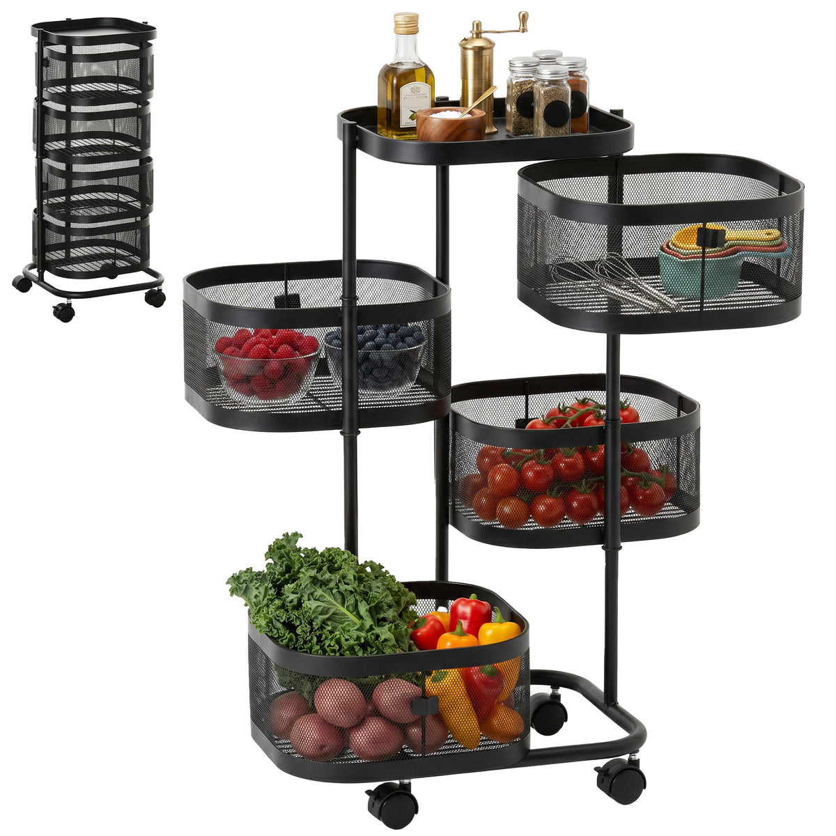 HOMCOM Metal Storage Cart With Top Tray And 4 Mesh Baskets, Black