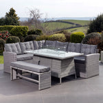 Piana 9 Seat Rattan Corner Sofa With Firepit Table And Bench | Grey