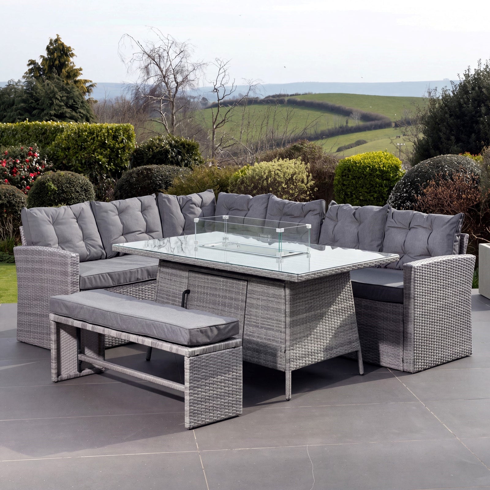 Piana 9 Seat Rattan Corner Sofa With Firepit Table And Bench | Grey