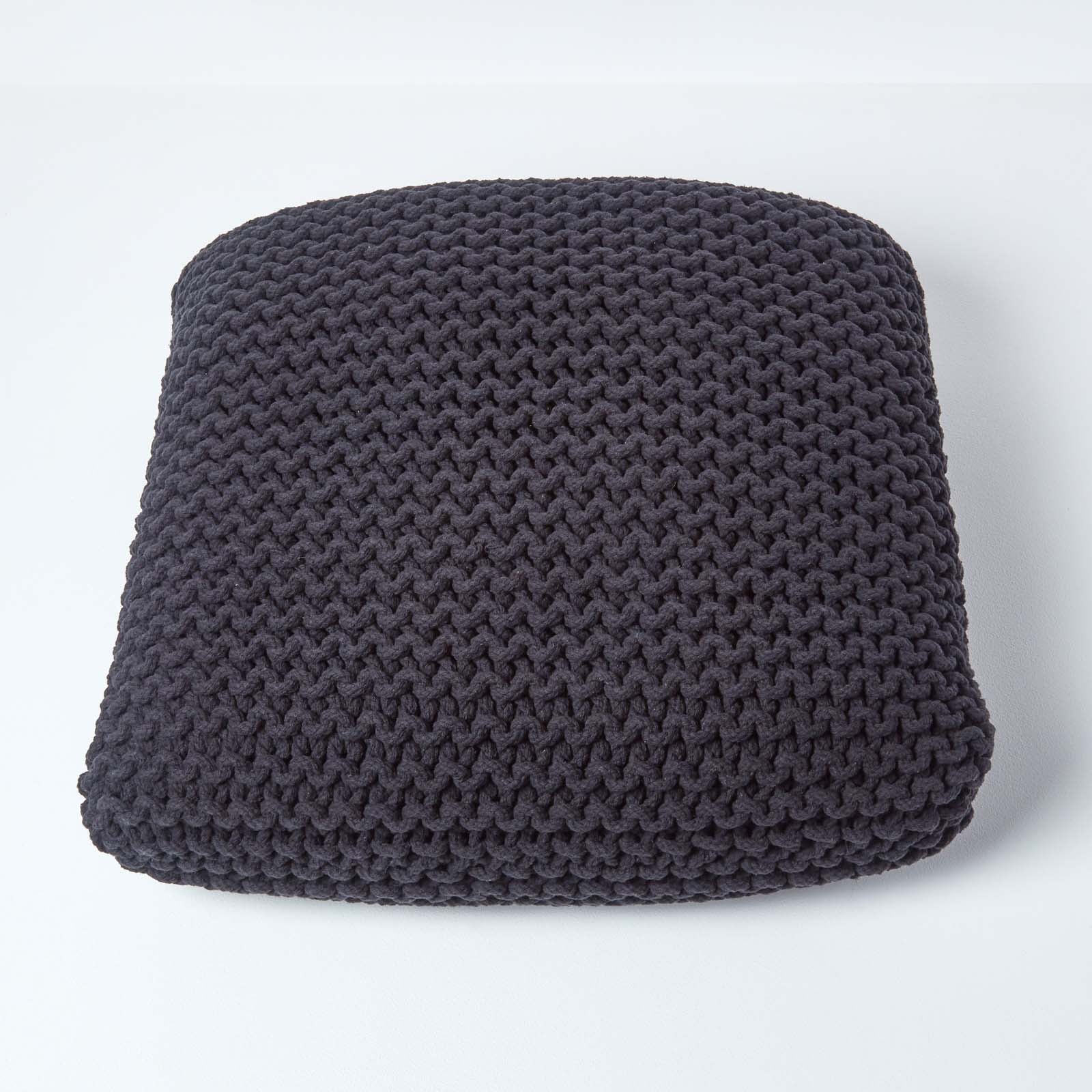 HOMESCAPES Black Square Cotton Knitted Pouffe Floor Cushion