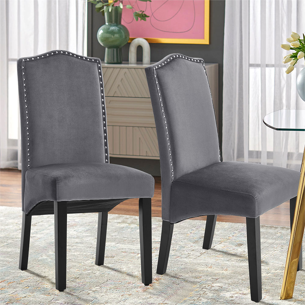 Set Of 2 Grey Velvet High Back Dinning Chair