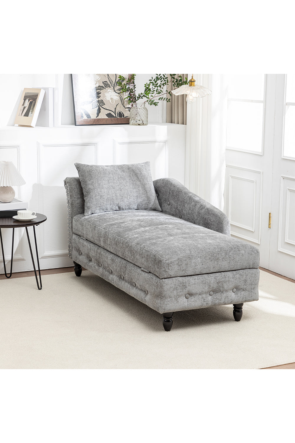 Left Hand Facing Chenille Chaise Lounge With Storage And Pillow | Grey