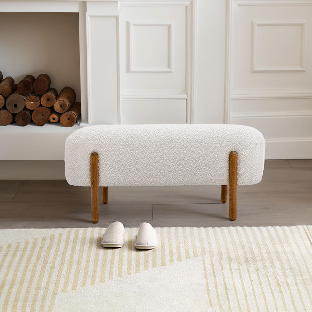 Contemporary Fabric Upholstered Bench with Solid Walnut Wood Legs, Beige，106.5cm W 44cm H