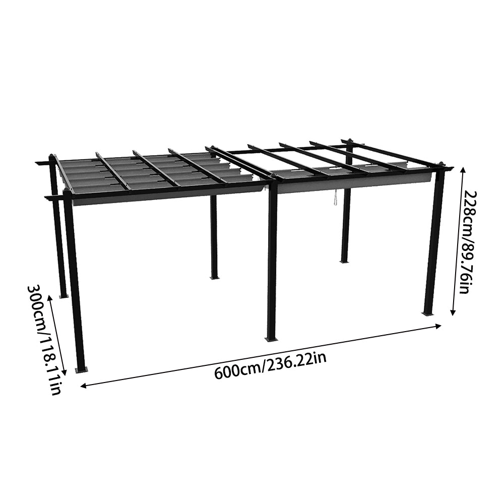 3m X 6m Aluminium Pergola With Retractable Roof,pu-coated Water-resistant Canopy,black Frame Patio Shelter For Garden, Backyard | Grey