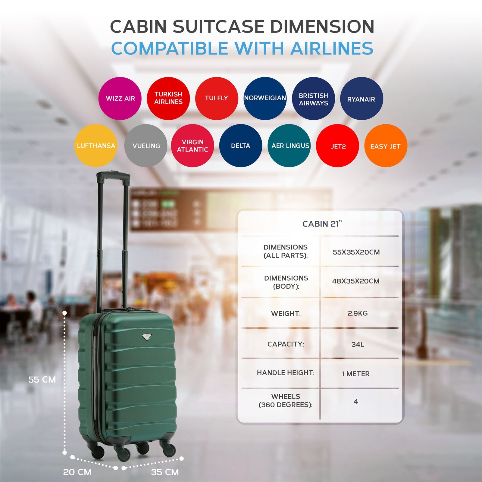 55x35x20cm Cabin Carry On Suitcase Hard Shell Overhead Luggage 100+ Airlines Approved | Cabin | Forest Green
