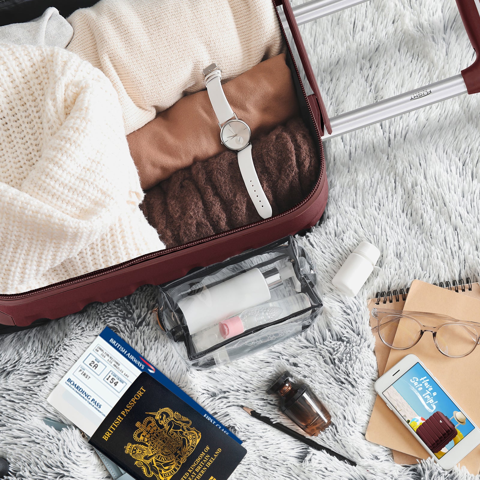 45x36x20cm Lightweight Underseat Cabin Carry On Suitcase - 100+ Airline Approved - Hard Shell Luggage - 4 Wheels | 45 x 36 x 20cm | Burgundy