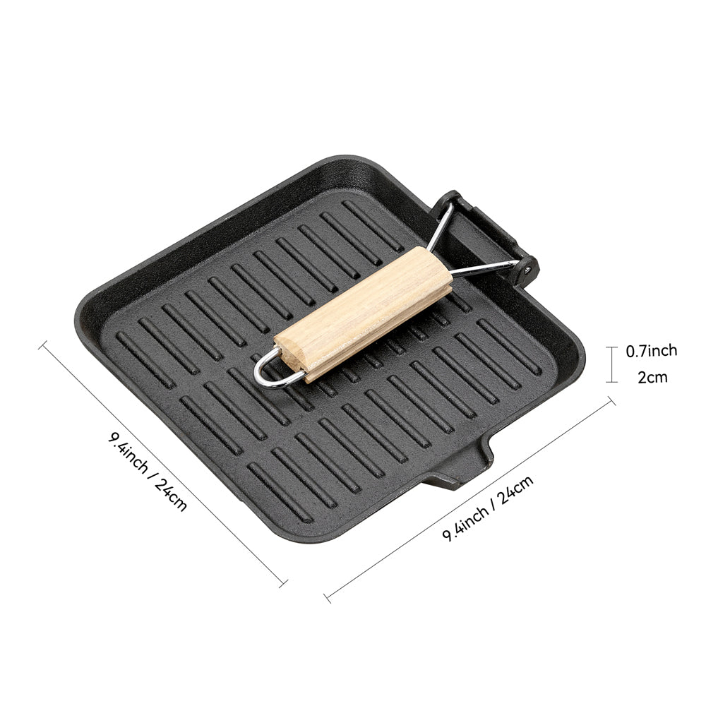 24cm Cast Iron Grill Pan Cookware With Folding Wood Handle & Oil Spout