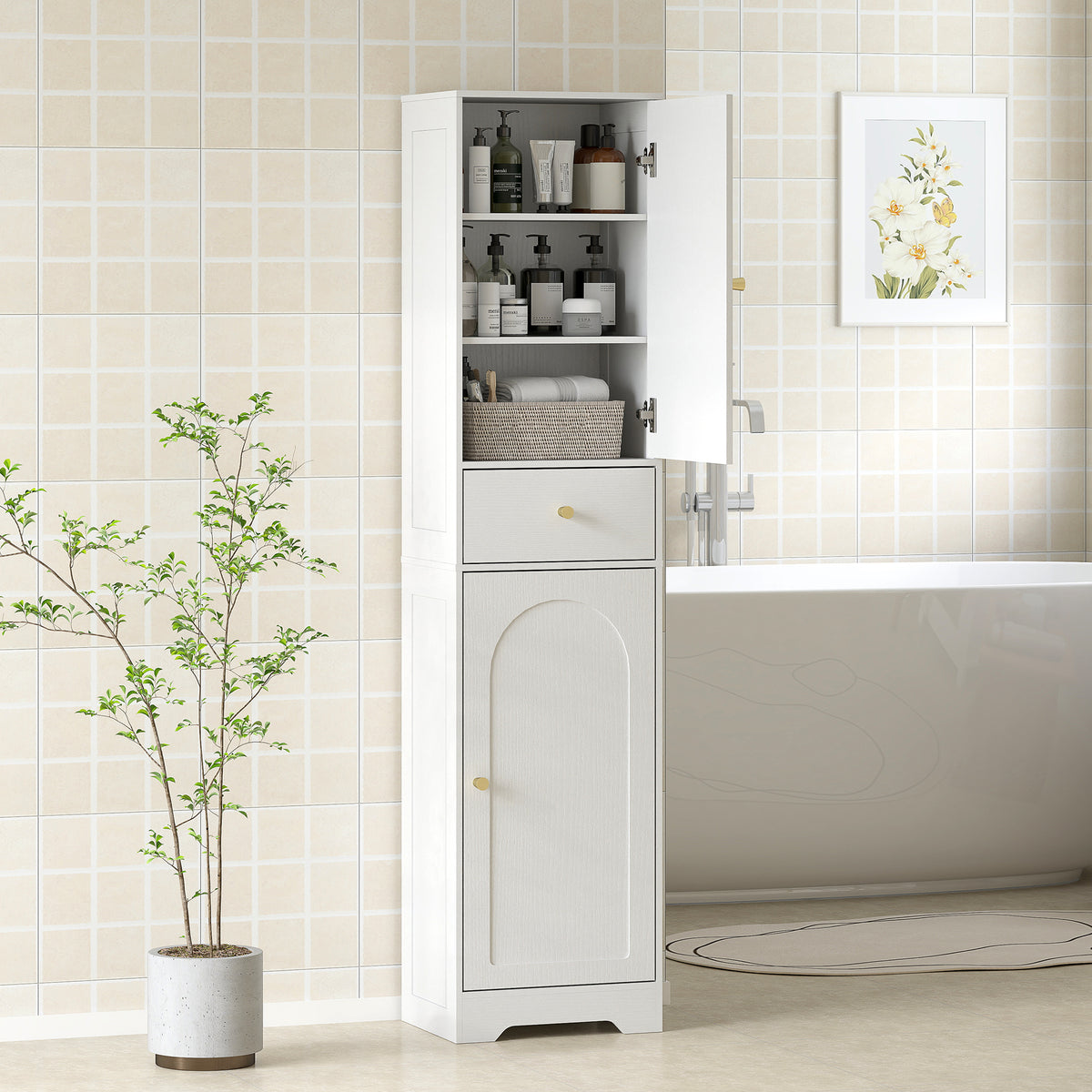HOMCOM Tall Bathroom Storage Cabinet With Arch Doors Adjustable Shelf White