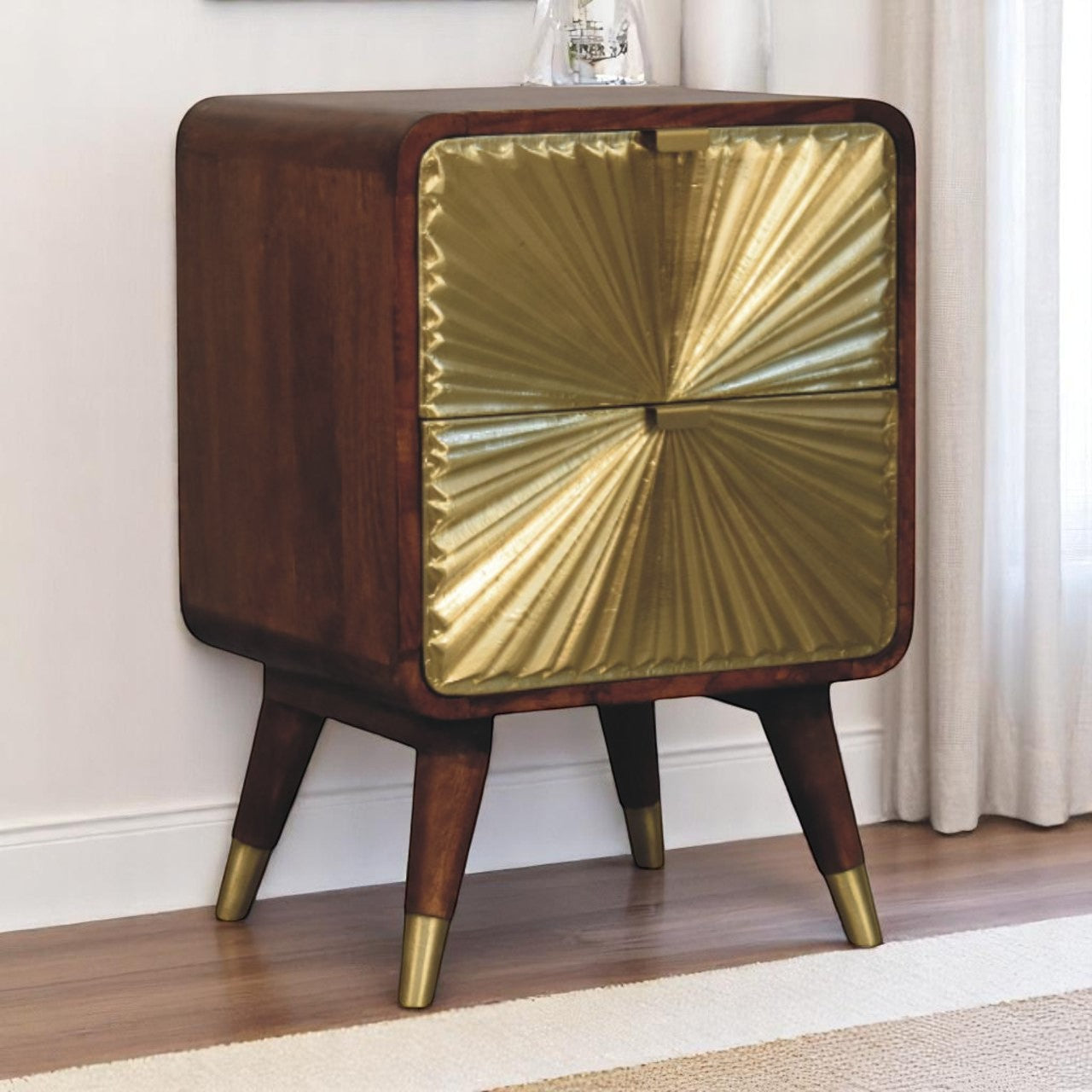 Solid Wood Avora Brass Embossed 2 Drawer Chestnut Nightstand