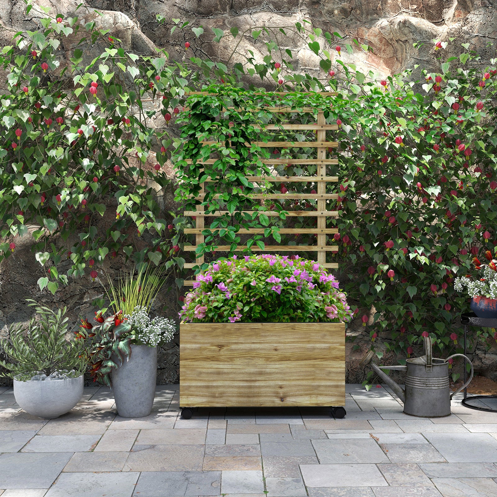 Wooden Planter Box With Trellis Natural