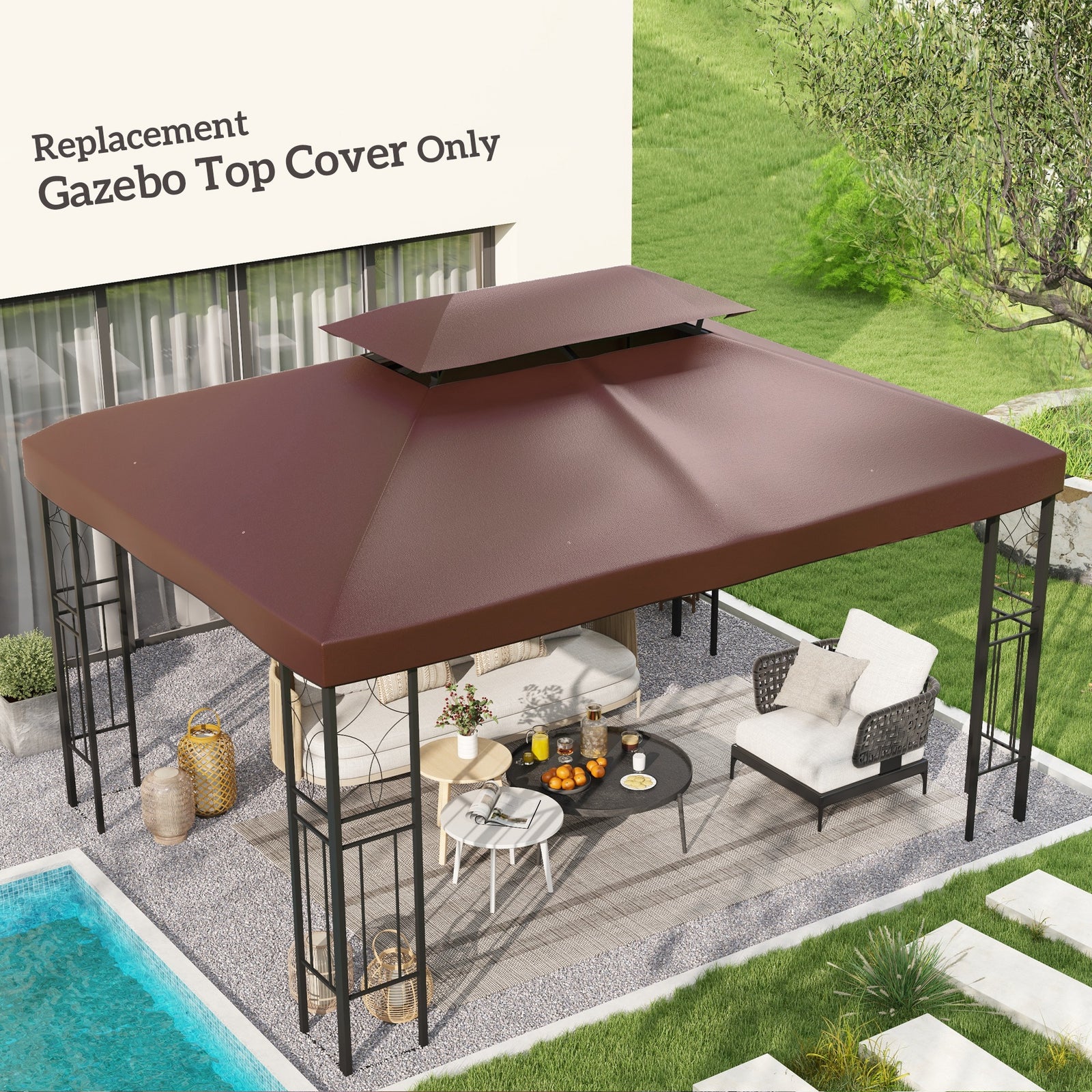 3x4m Gazebo Replacement Roof Canopy 2 Tier Top Uv Cover | Brown