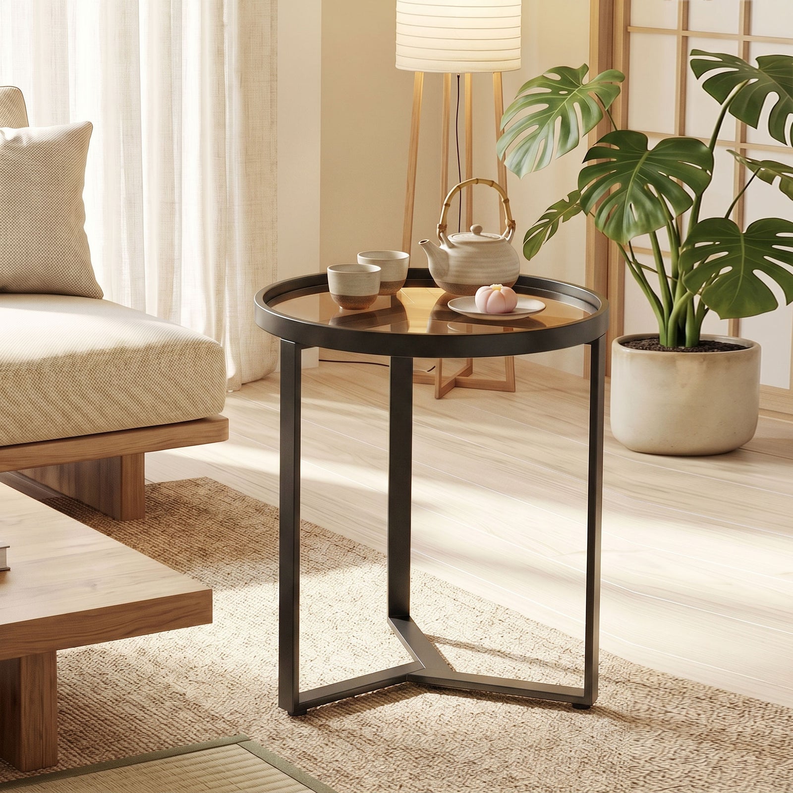 Round Side Table With Tempered Glass Top And Metal Frame | Black
