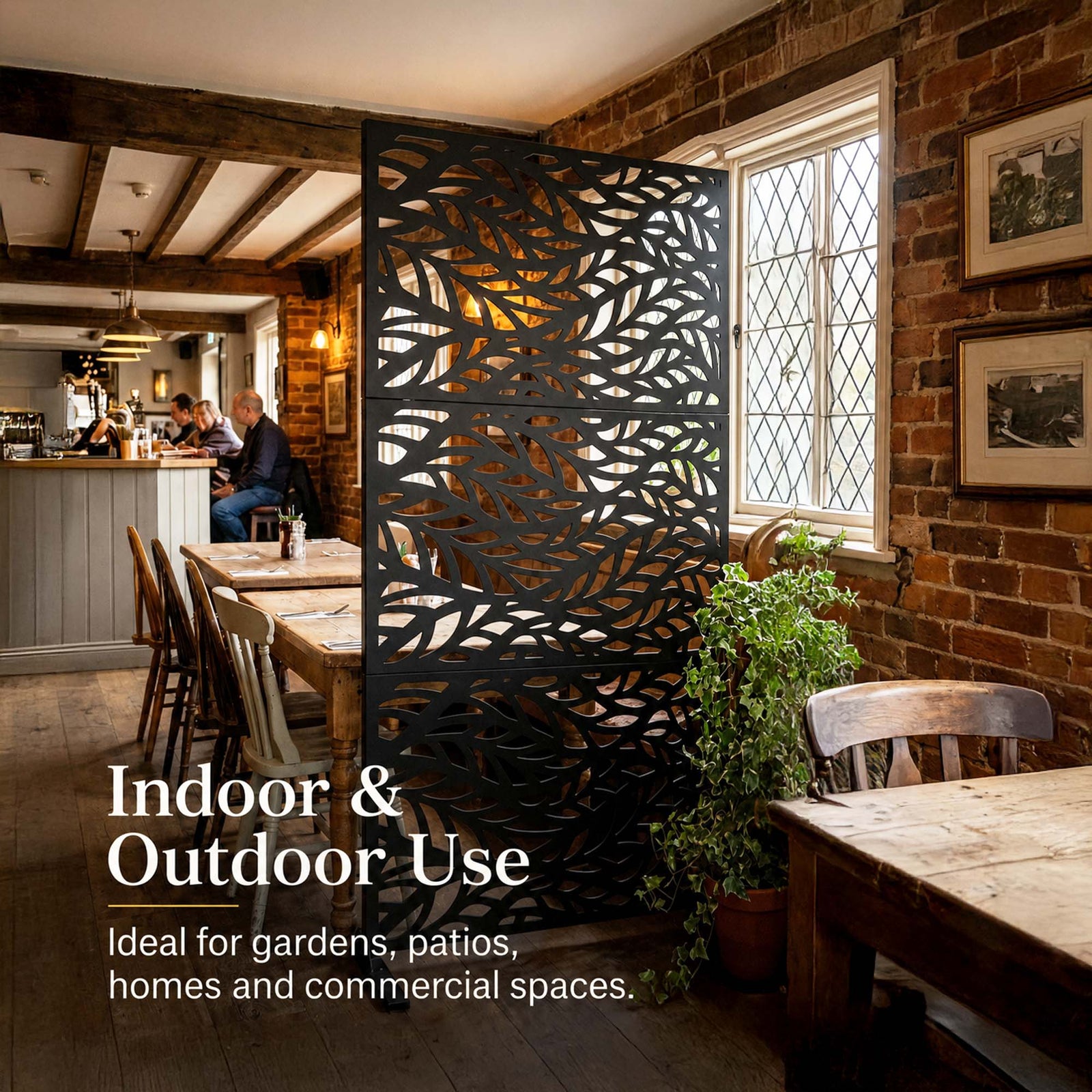 Indoor Outdoor Metal Privacy Screen - Leaf Pattern | Black