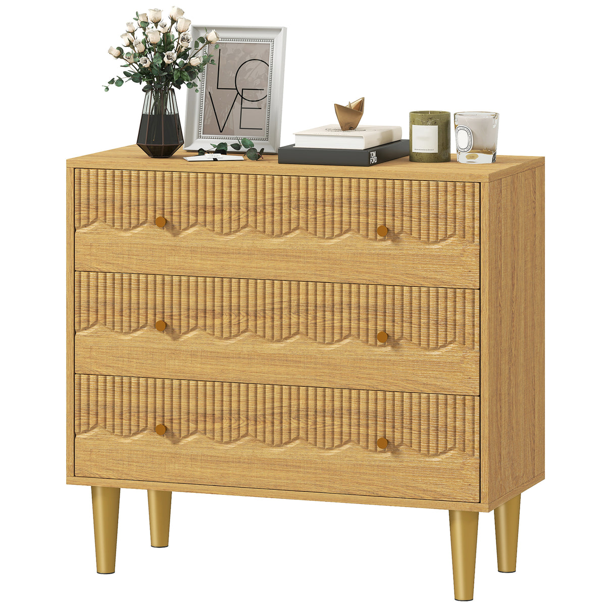 HOMCOM Chest Of Drawers, 3 Drawer Dresser Steel Legs And Wooden Top, Oak
