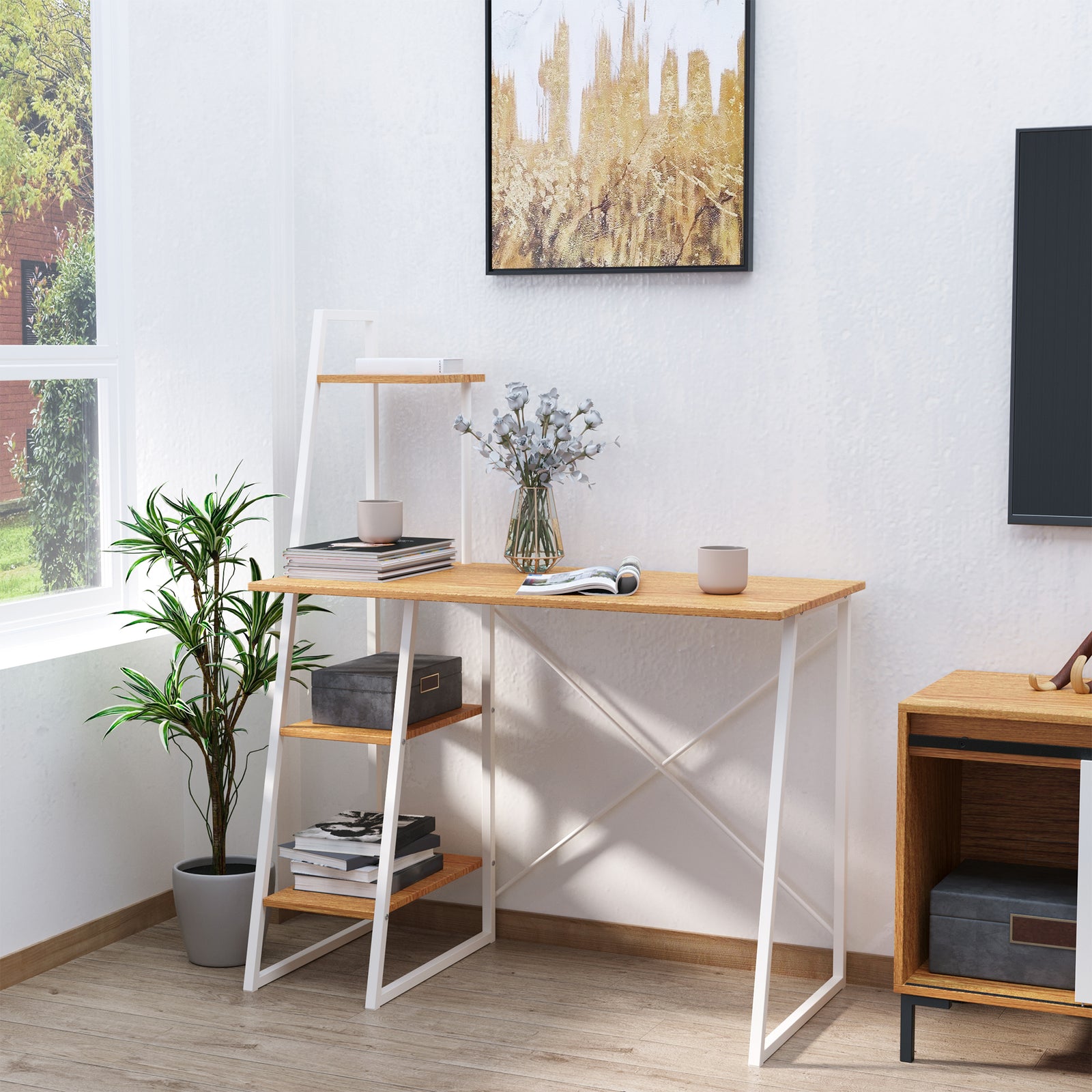 HOMCOM Study Desk With 3-tier Storage Shelves