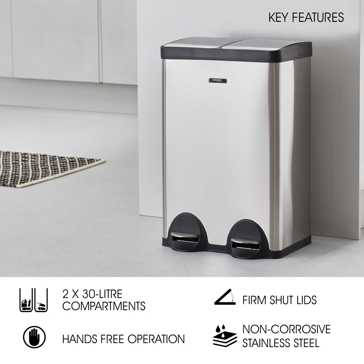 60l Dual Pedal Recycling Pedal Bin | 60l | Silver