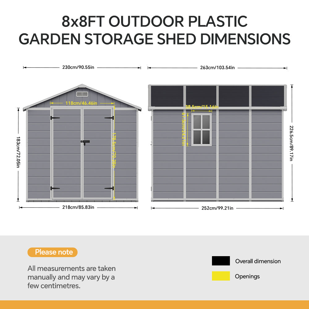 Outdoor Plastic Tool Shed With Apex Roof & Floor, Double Doors, Ventilation & Window, Lockable Backyard Storage House | 8x8ft | Grey