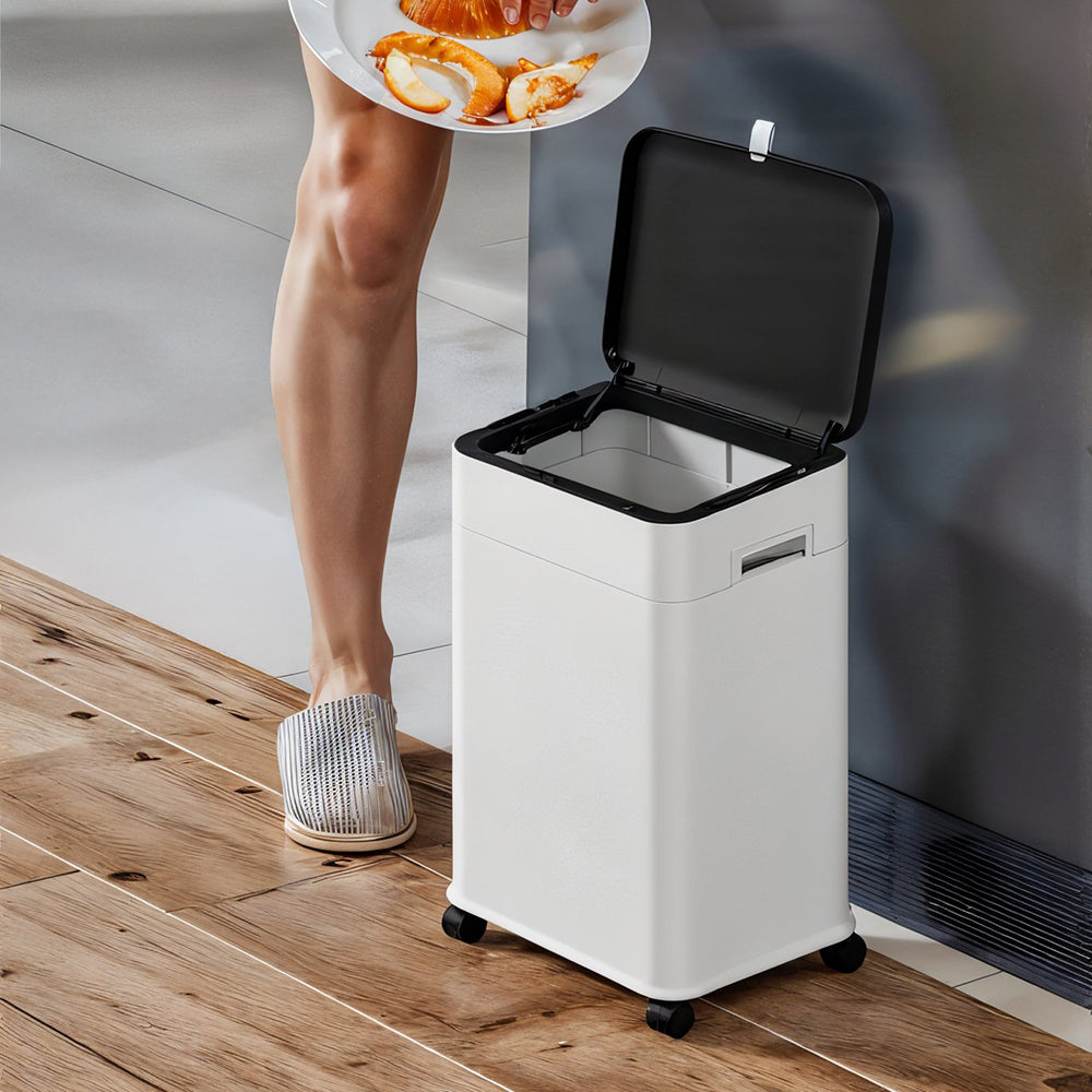 20l Adjustable Height Trash Bin With Flip-top Lid, Sealed Odour Control, And Omni-directional Wheels, White