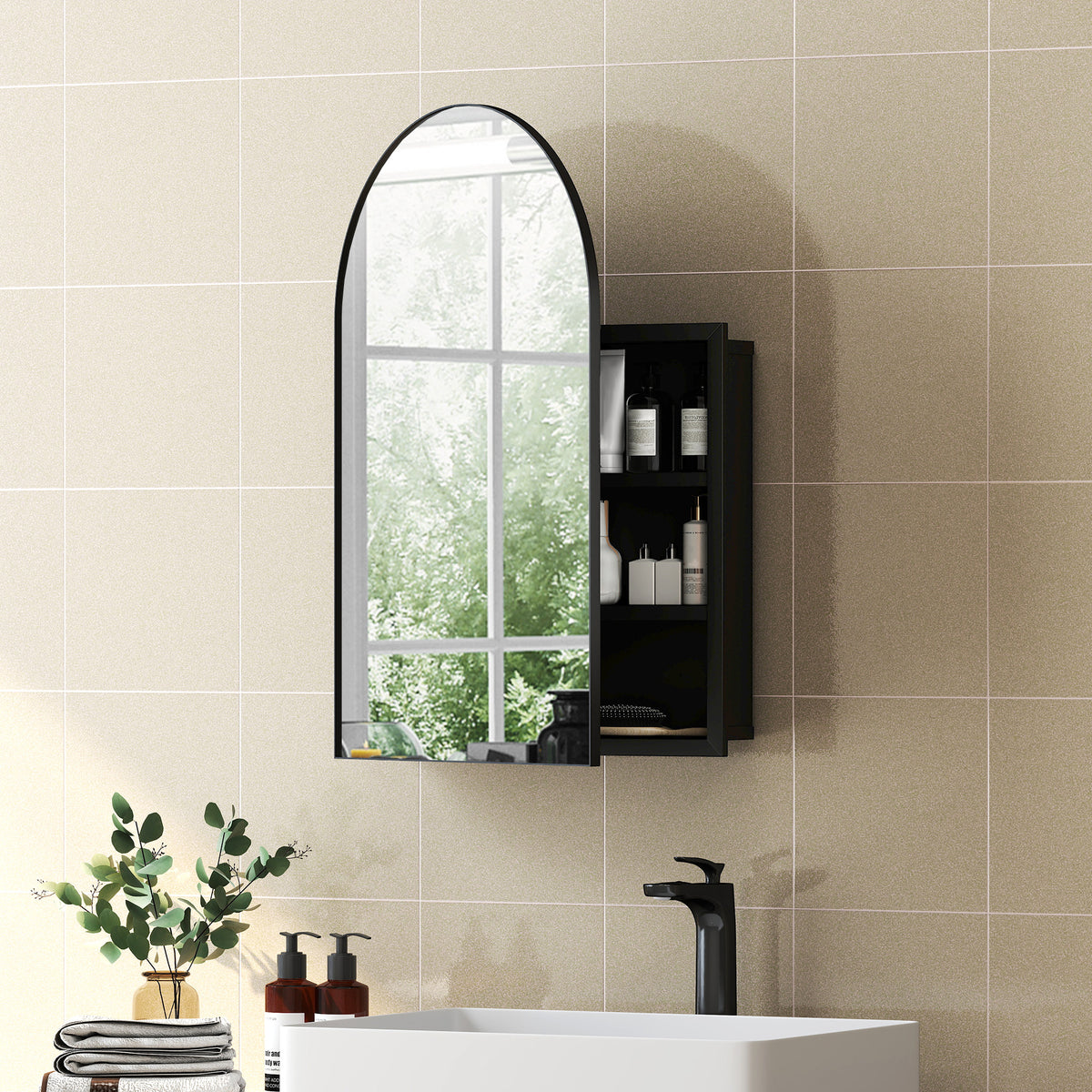 HOMCOM Bathroom Mirror Cabinet With Mirror Arched Wall Cabinet Black
