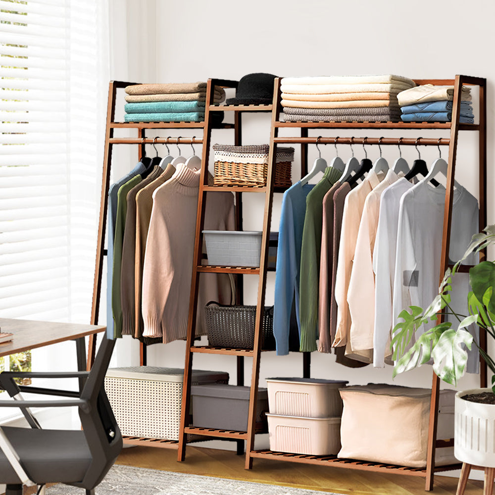 Trapezoid Bamboo Garment Rack With Tiered Storage Shelves | Brown