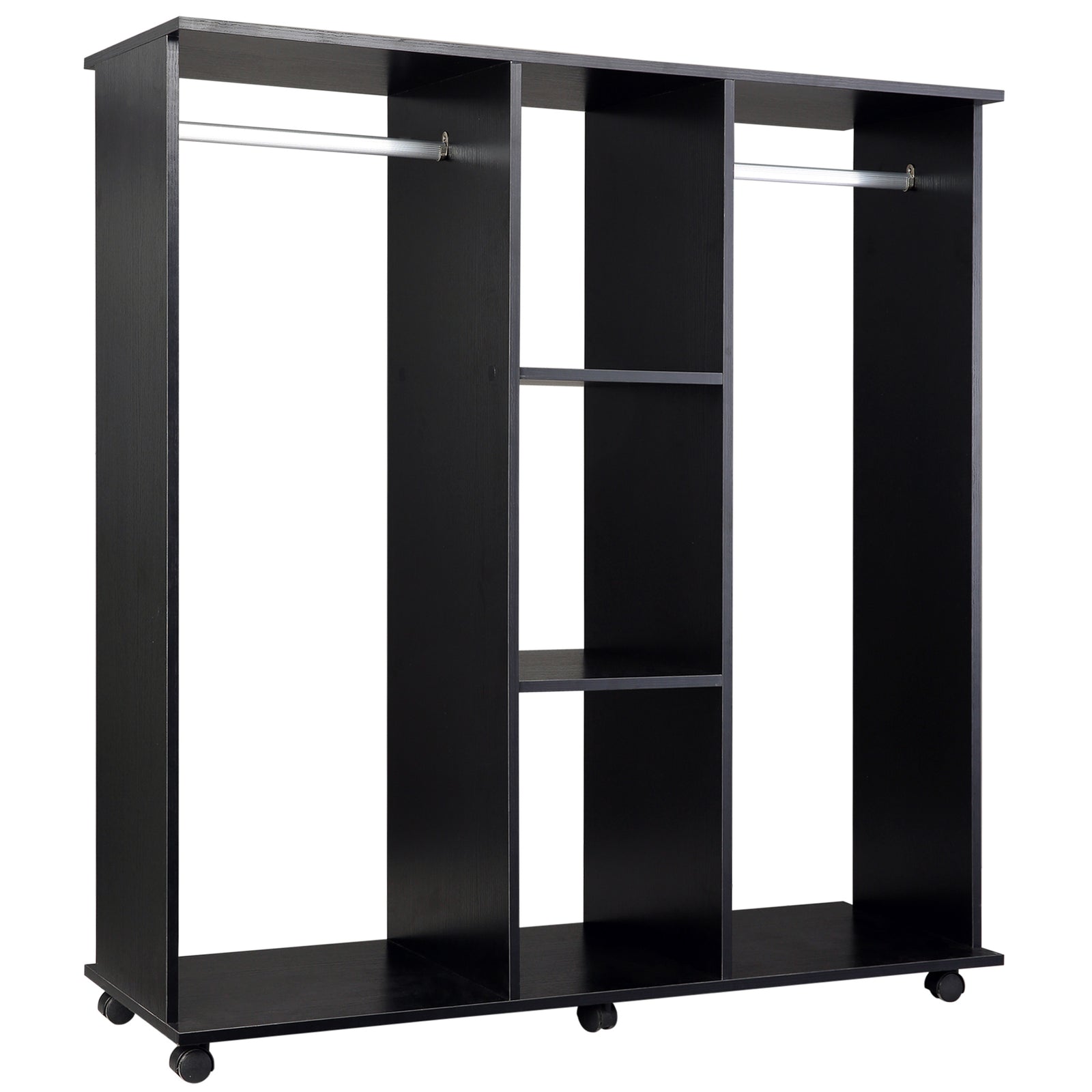 Mobile Double Open Wardrobe W/ Clothes Hanging Rail Colthing | One Size | Black