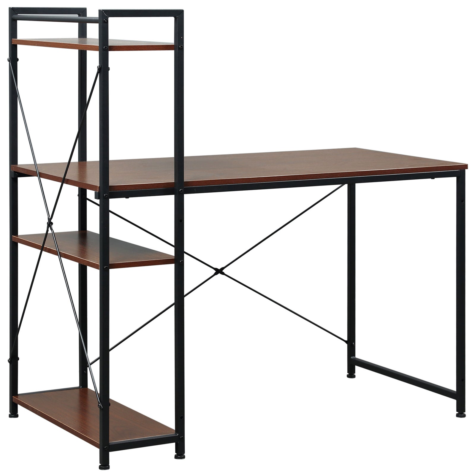 Computer Desk Laptop Table W/4-tier Bookshelf Metal Frame | Brown