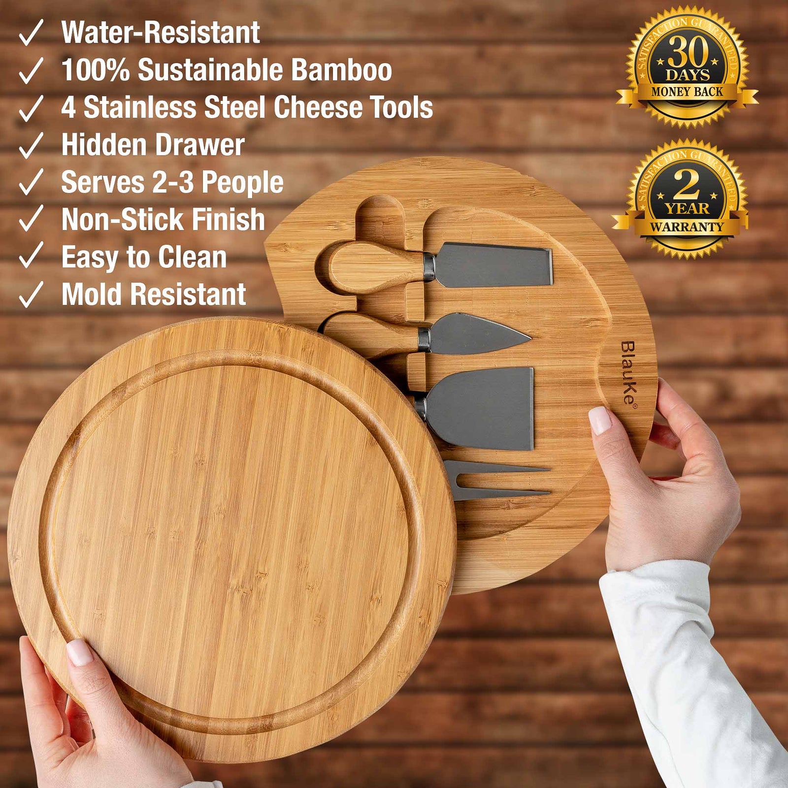 BlauKe Bamboo Cheese Board And Cheese Tool Set - 25cm Round Charcuterie Board, Serving Platter - Wooden Cheese Board Gift Set