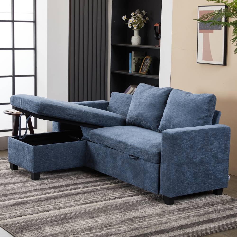 Breeins Blue Chenille Sofa Bed With Storage, Convertible Sleeper Sofa Couch For Living Room