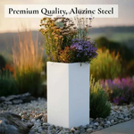Zinc Galvanised Tall Square Planter | 40cm x 40cm x 100cm | White