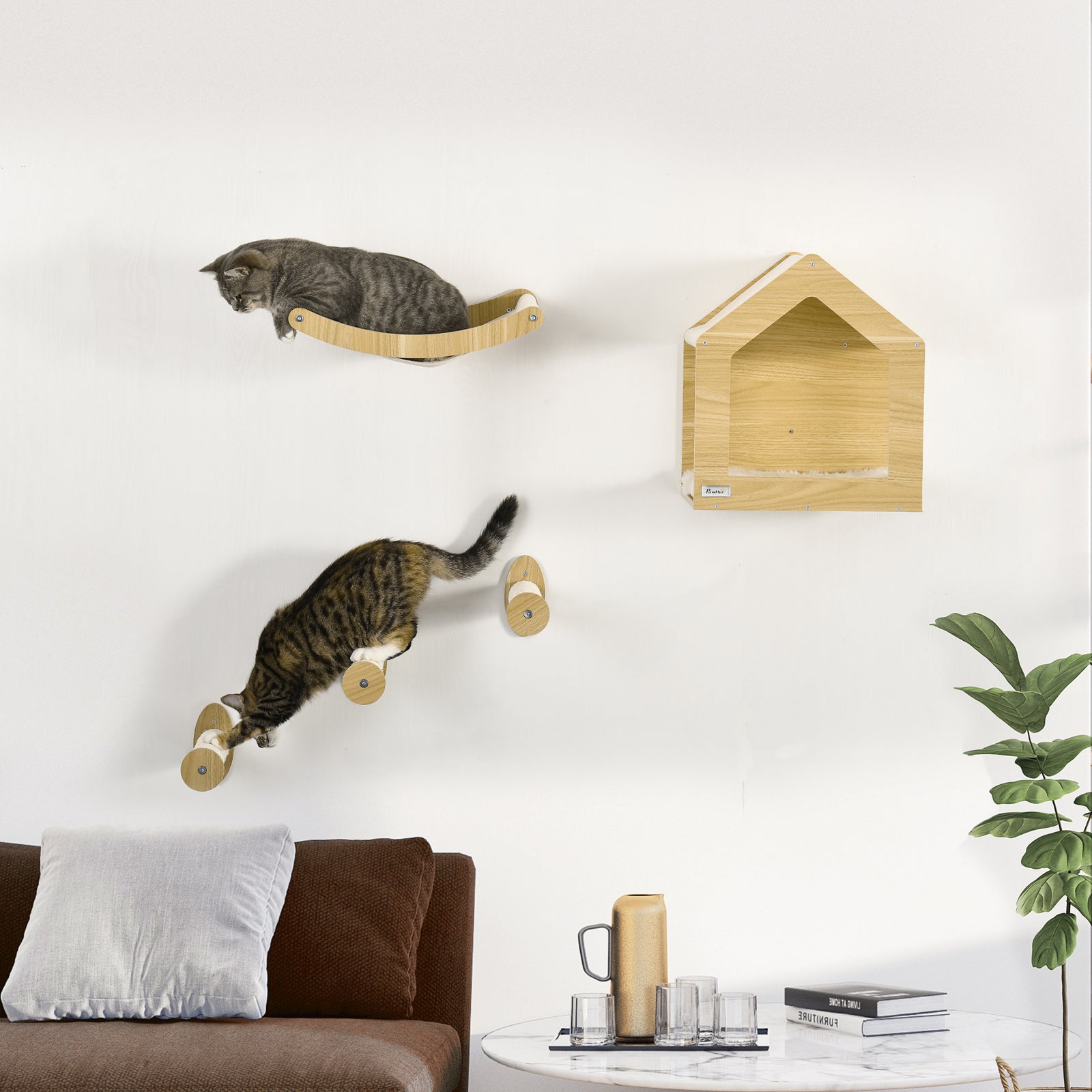 5pcs Wall Mounted Cat Tree Cat Climbing Shelf Set Scratching Post, Oak