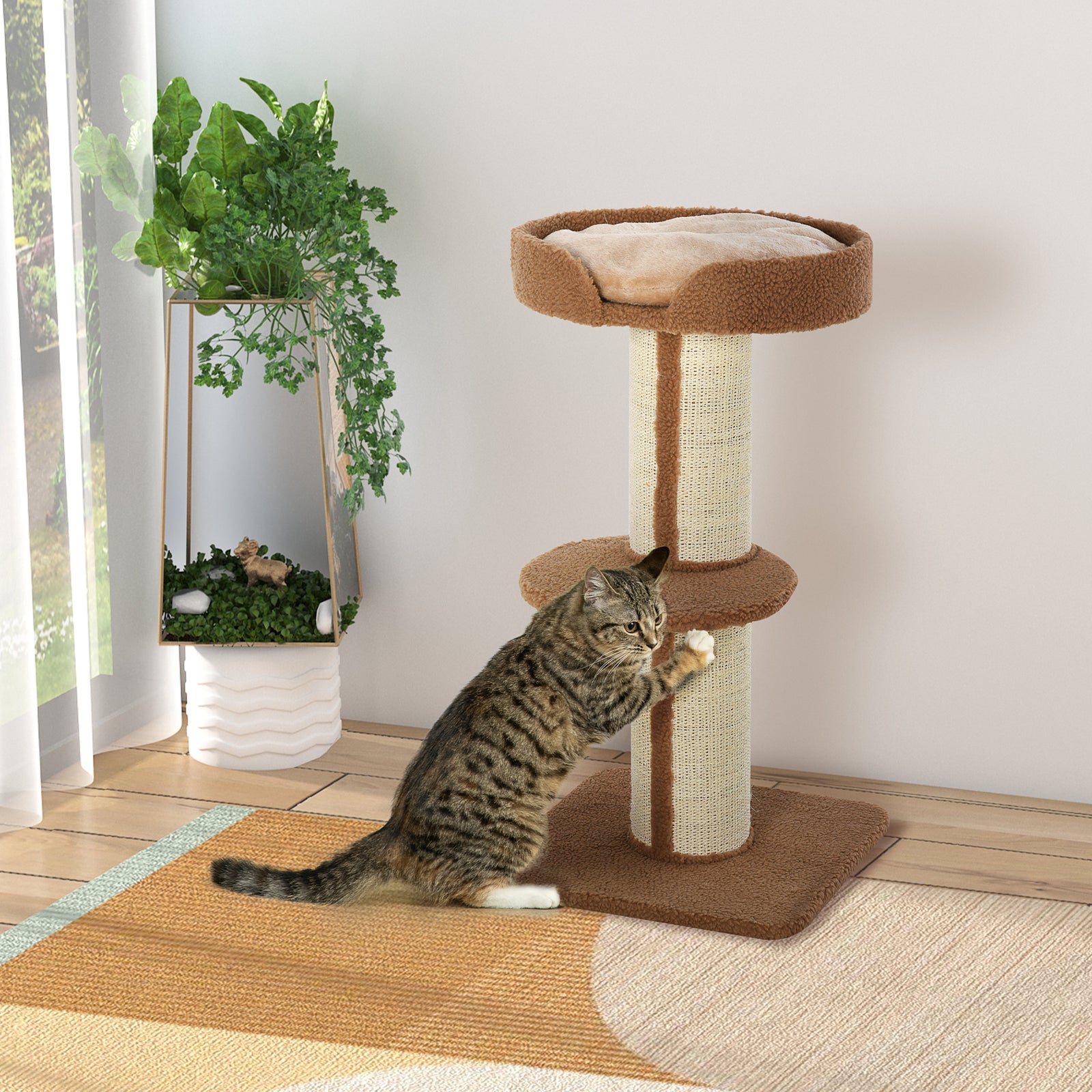2-tier Cat Kitten Resting Tree W/ Top Basket Cushion Sisal Post | Brown