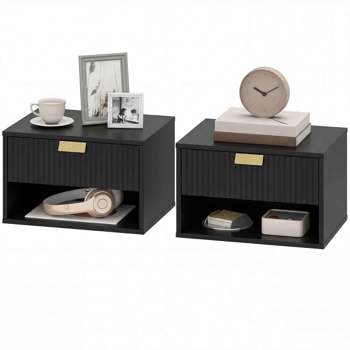 HOMCOM Floating Bedside Tables Set Of 2 With Fluted Drawer Open Shelf