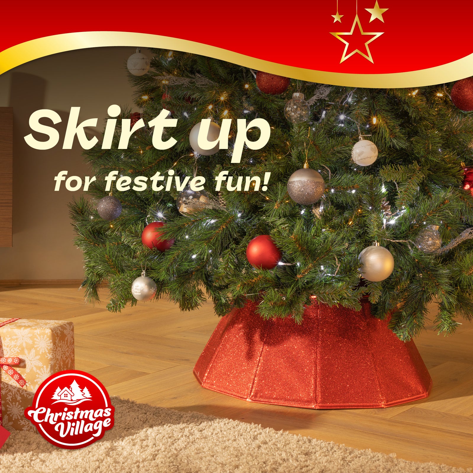 Glossy Tree Skirt 68cm Collapsible With Velcro Closure | Red