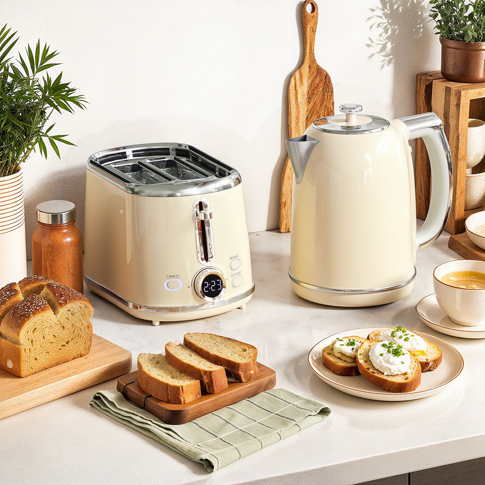1.7l 3000w Kettle And 2 Slice Toaster With Keep Warm Memory Function | Cream