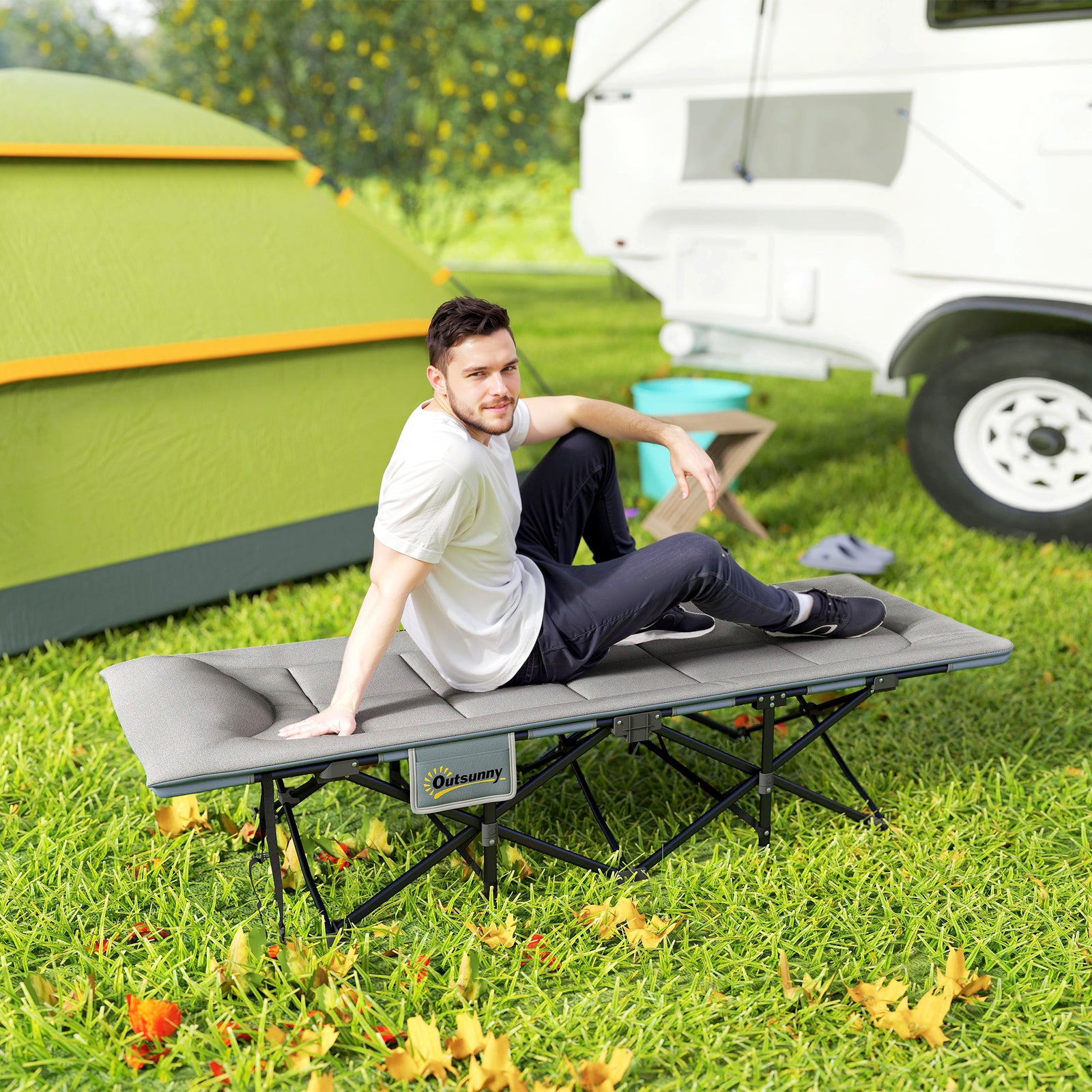Folding Camping Bed With Cushion | Gray