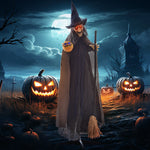 Halloween Witch With Broomstick Animatronic Prop With Light Up Eyes