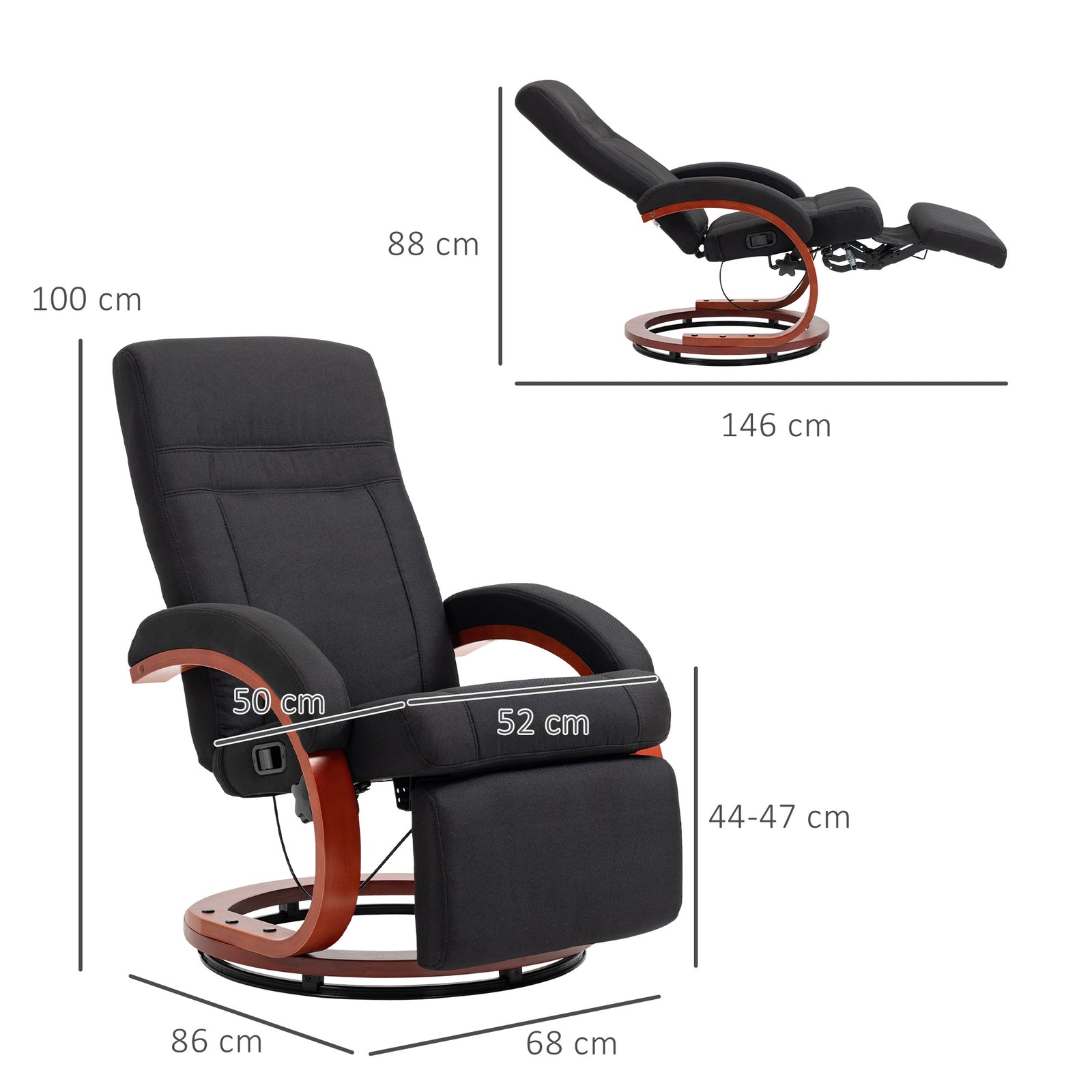 Manual Recliner Swivel Reclining Chair With Footrest Armrests Black