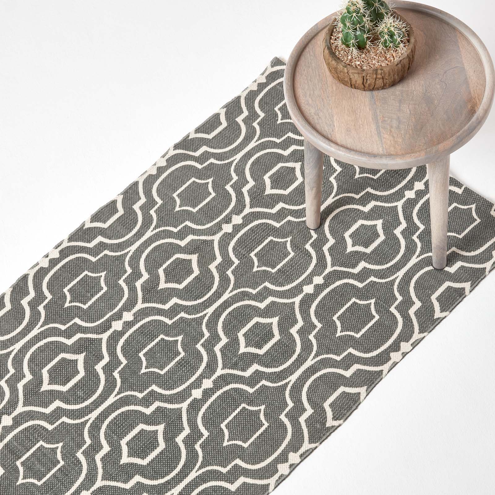 Riga 100% Cotton Printed Patterned Rug Hall Runner, 66 X 200 Cm | 200cm | Grey & White