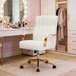 Pu Leather Office Chair With Gold Armrests, Adjustable Height & Tilt, Swivel Base | White