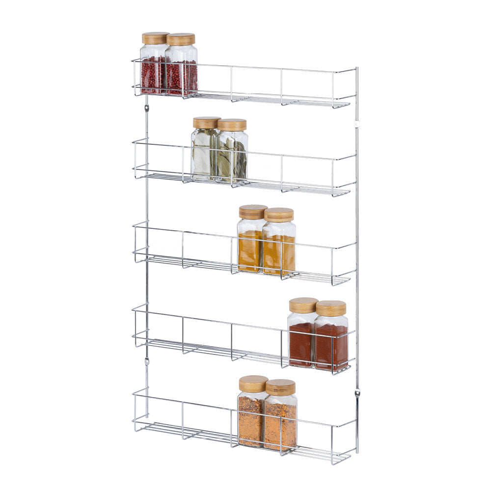 Livivo 5 Tier Cupboard Door Spice Rack Chrome Wall Mounted Kitchen Organiser