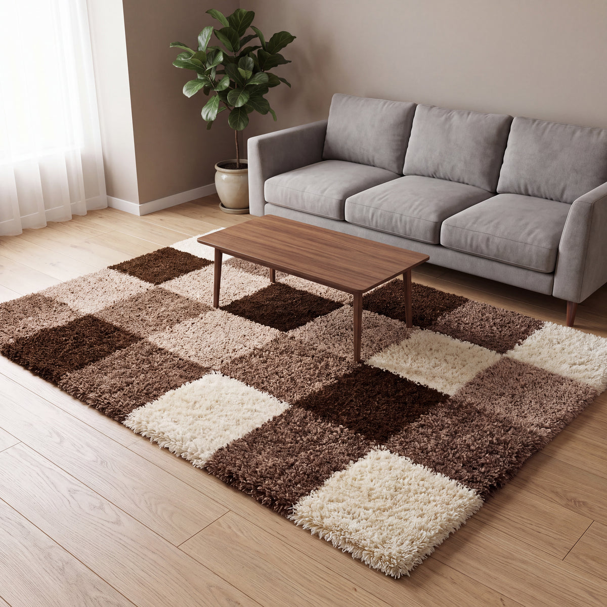 California Checked Shaggy Rug Deep Pile | 200cm x 290cm | Beige