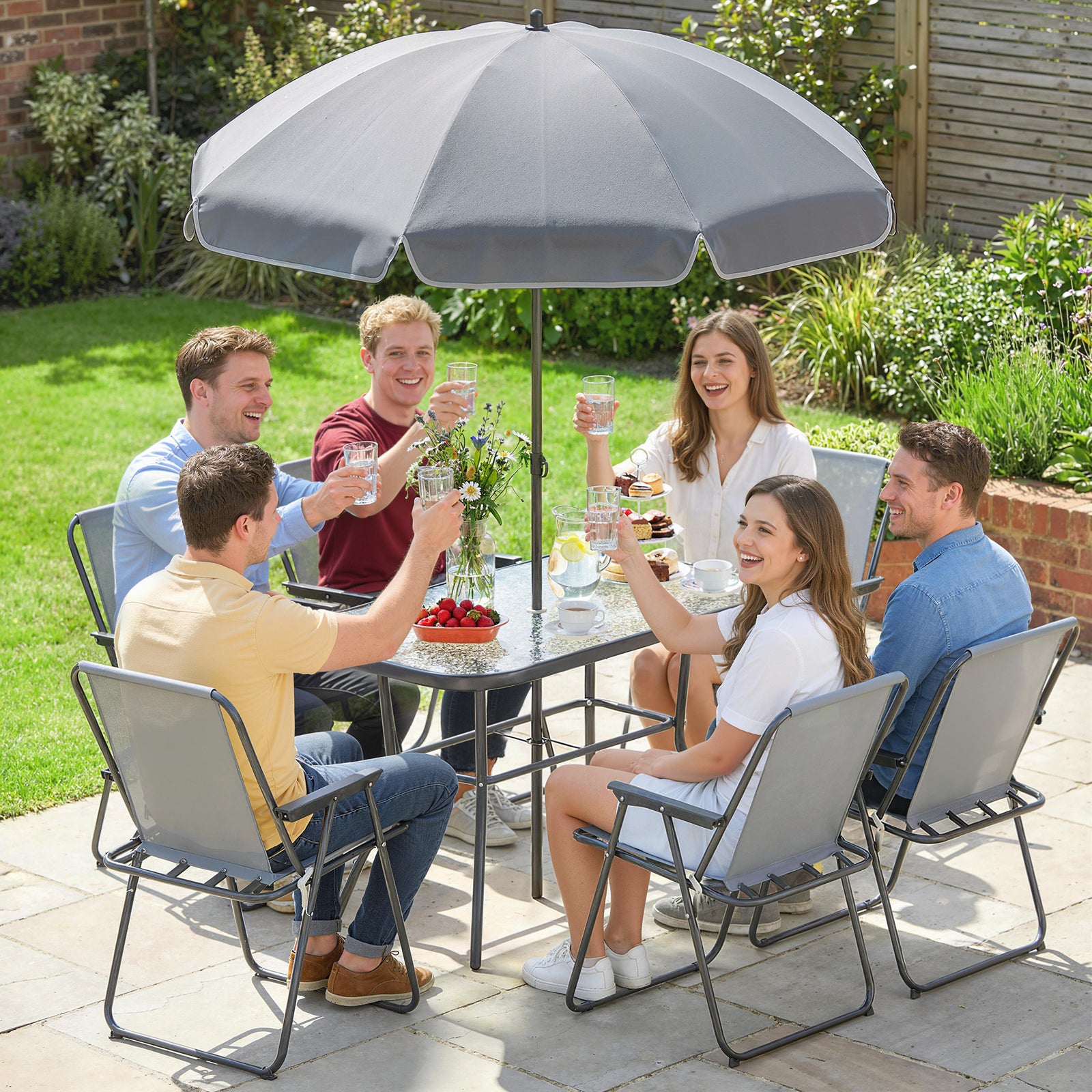 8 Piece Garden Dining Set With 6 Folding Chairs And Umbrella | Grey