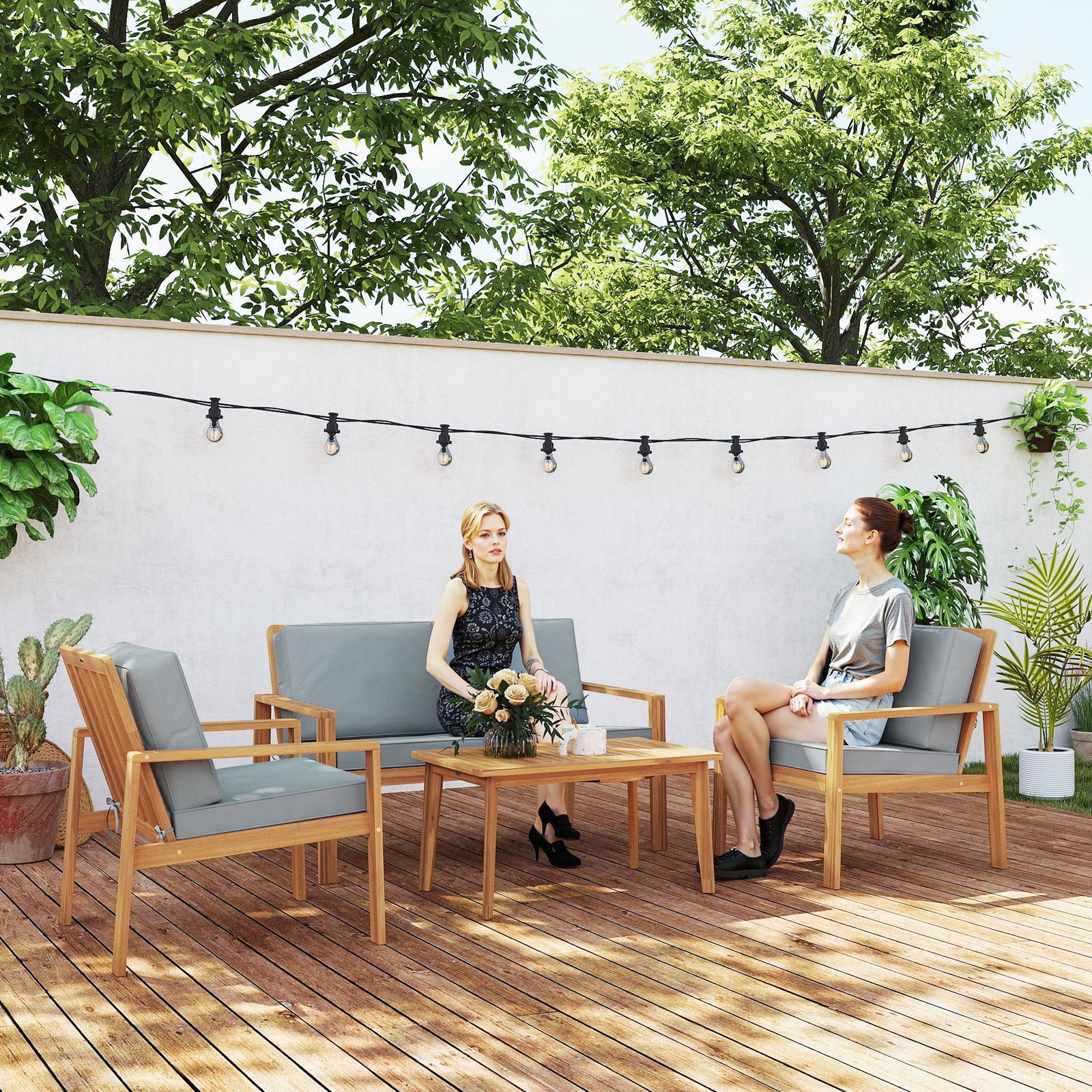4 Pieces Wooden Garden Furniture Set With Cushions | Natural