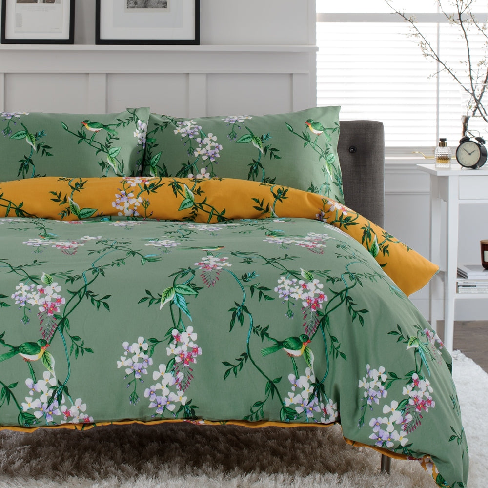 Bird Garden Sage 200 Thread Count Cotton Rich Reversible Duvet Cover Set | King | Green
