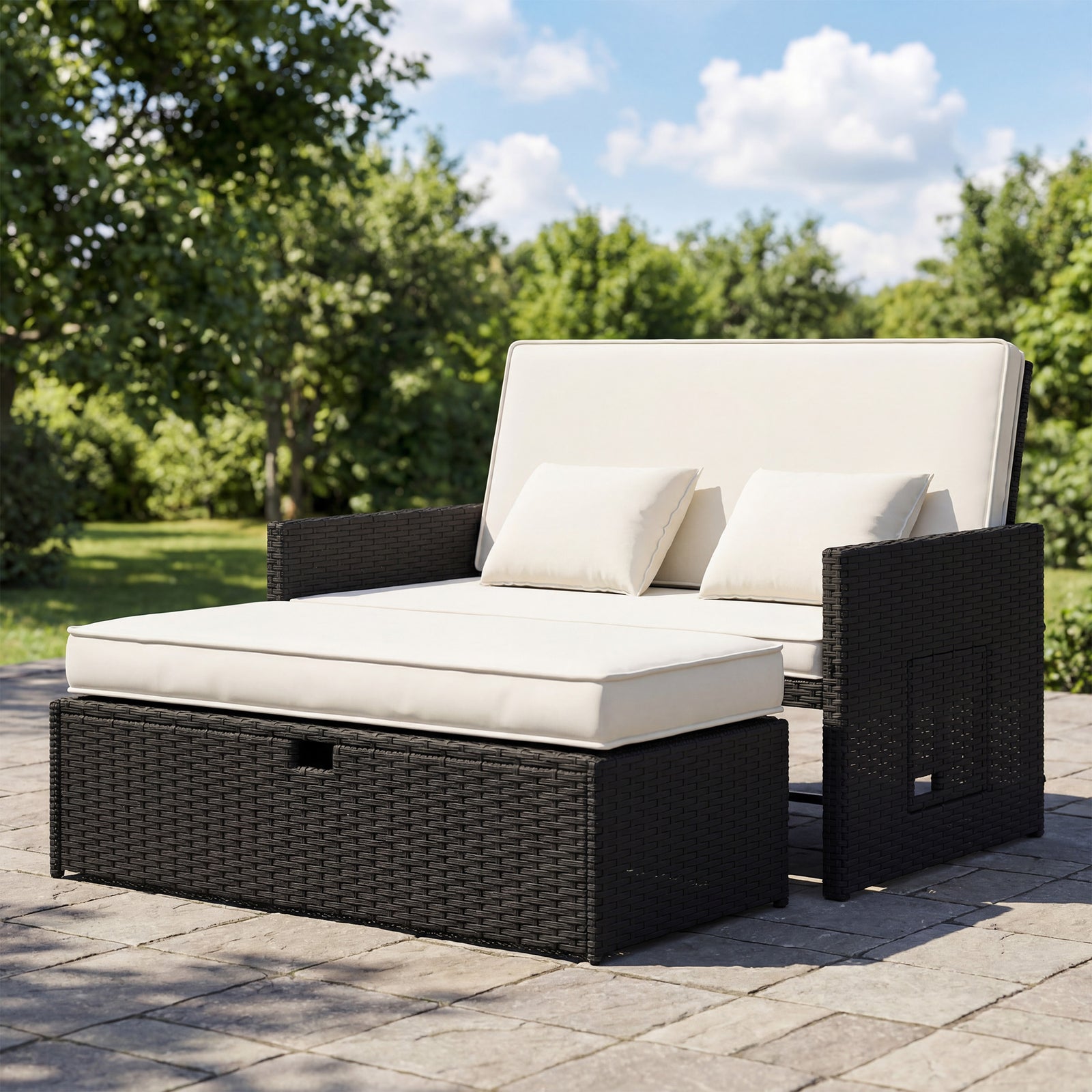 Garden Rattan Furniture Set 2 Seater Patio Sun Lounger Daybed | Cream