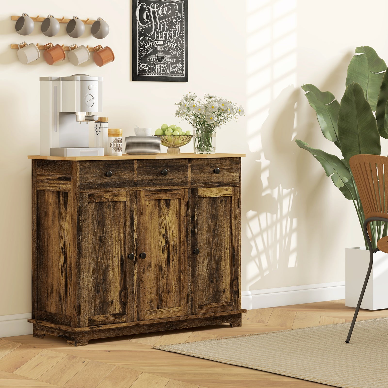 Sideboard Buffet Cabinet With Rubber Wood Top And Drawers | Brown